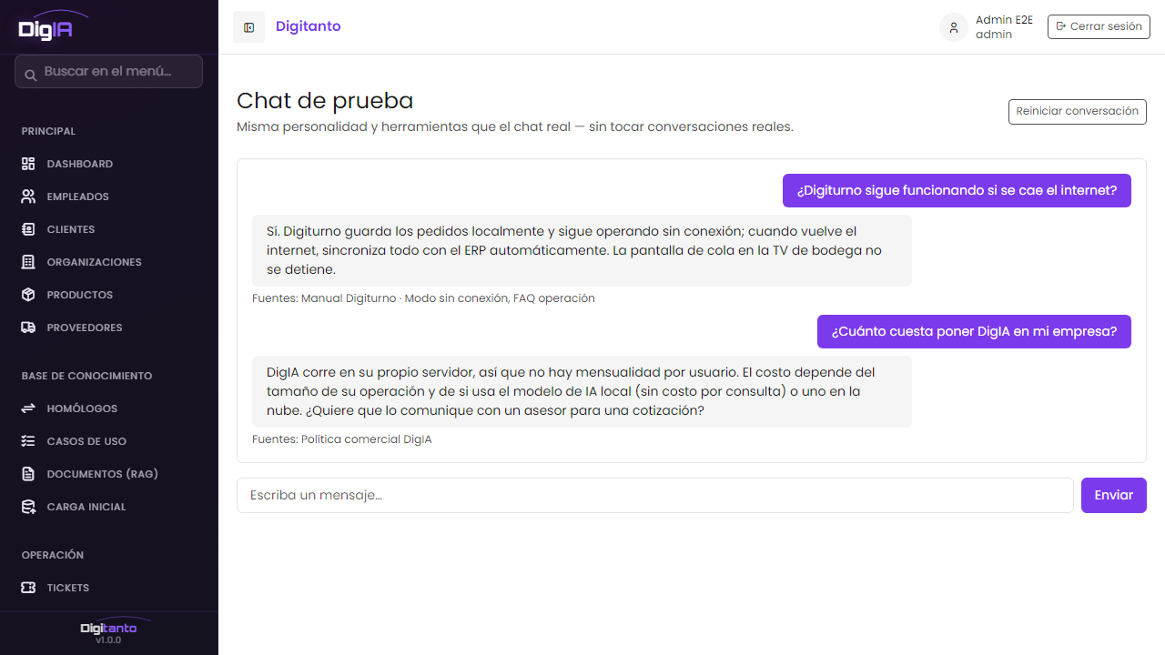 El asistente de DigIA respondiendo y mostrando el documento del que sacó la información