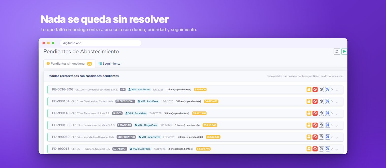 Pantalla de pendientes de abastecimiento de Digiturno con pedidos priorizados y su saldo por conseguir