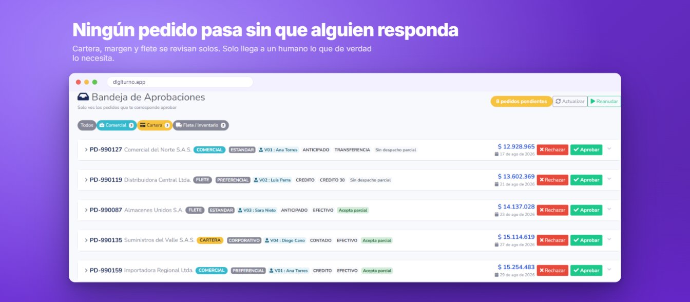 Bandeja de aprobaciones de Digiturno con pedidos pendientes clasificados por tipo y sus botones de aprobar o rechazar