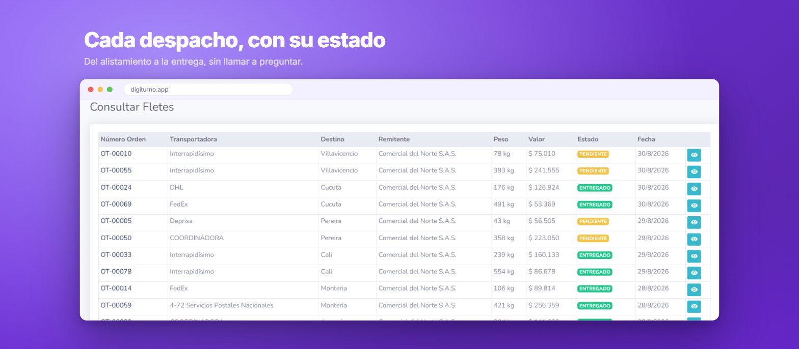 Listado de fletes de Digiturno con transportadora, destino, valor y estado de cada despacho