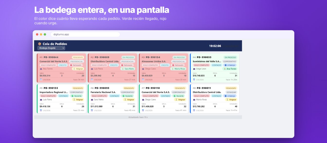 Pantalla de cola de Digiturno con los pedidos en turno y su tiempo de espera